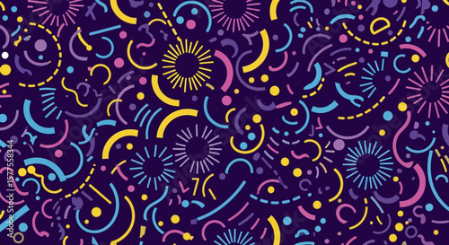 Vibrant Abstract Pattern Geometric Shapes and Sunbursts on a Deep Purple Background - Ideal for Festive and Creative Designs