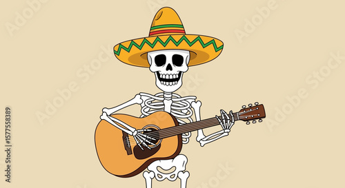 Festive Skeleton with Guitar A Celebratory Illustration of Day of the Dead 