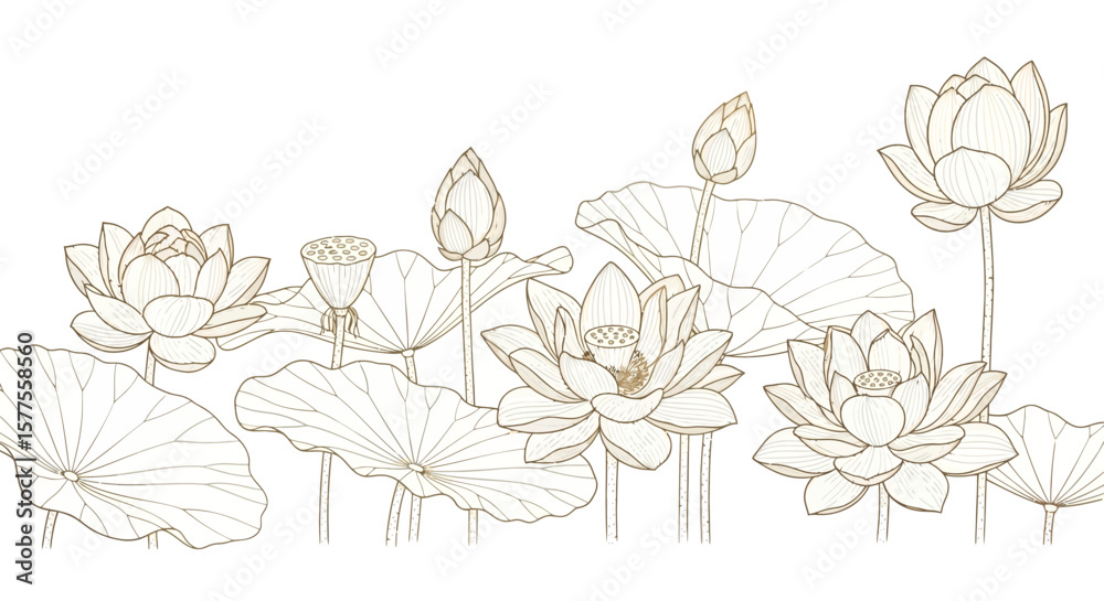 Fototapeta premium Elegant Lotus Flower Outline Illustration A serene design featuring delicate golden lotus blooms and leaves, perfect for adding a touch of nature's grace.