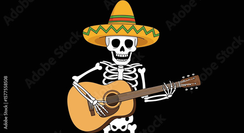 Day of the Dead Skeleton Playing Guitar with Sombrero - Festive Dia de Muertos Illustration