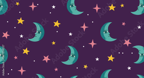 Dreamy celestial pattern featuring crescent moons and colorful stars against a dark background, suitable for baby products or magical themed designs.
