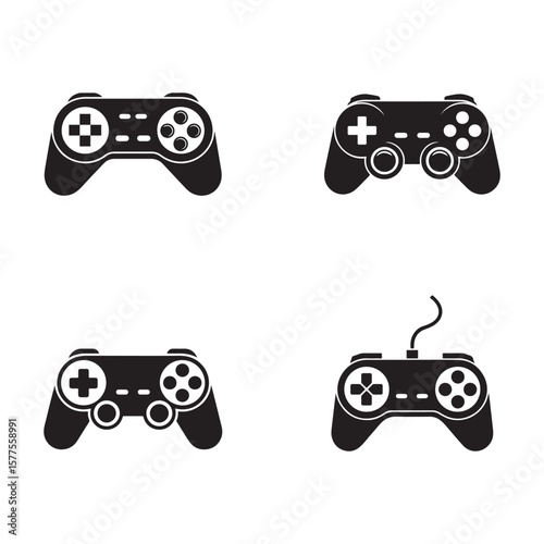Black video game controllers with buttons and joysticks gamepad gaming