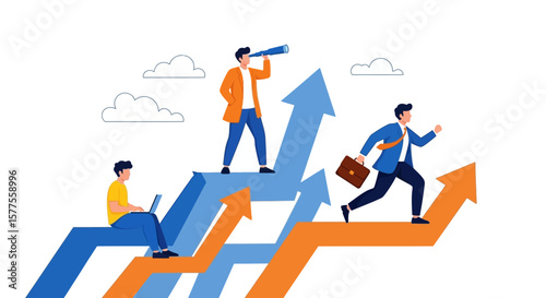 Visualizing Corporate Growth Men Climb Arrows Towards Success and Achievement, Featuring Ambition and Strategy