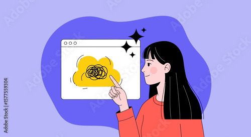 Woman Points to Cloud with Tangled Lines, Depicting Confusion, Illustration in Flat Design. Conceptual Business Process Problems.