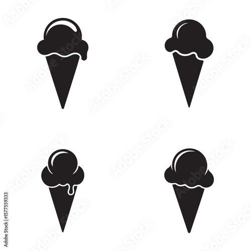 Four black ice cream cones with melting scoops white