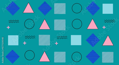 Trendy Memphis Style Geometric Pattern with Vibrant Shapes on Teal Background Abstract Design for Modern Art and Decorative Elements
