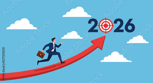 Visualizing 2026 Goals Businessman Ascending on Red Arrow towards Target under Blue Sky