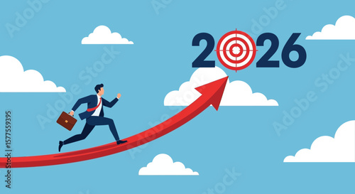 Reaching 2026 Target Business growth concept with businessman climbing arrow towards goal in the sky, symbolizing career success and achieving future objectives.
