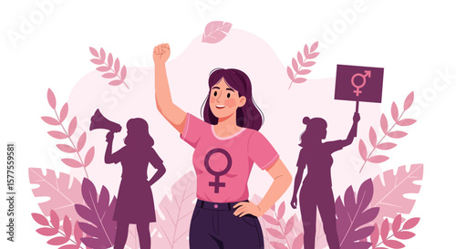 Empowered Women Celebrating Feminism and Equality with a Rally Illustration
