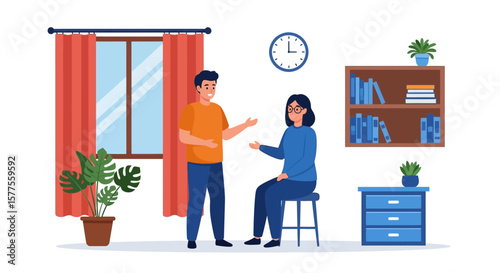 Conversation in a Living Room Two Individuals Chatting by a Window, Featuring a Potted Plant
