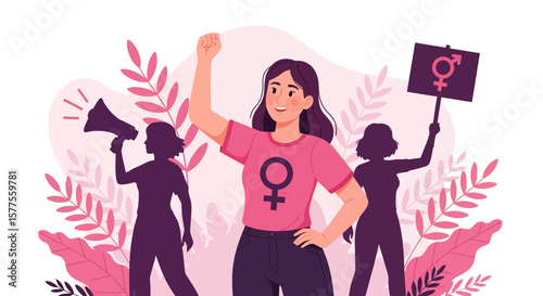Empowered Women A vibrant illustration capturing the strength of unity in a feminist movement with symbolic details.