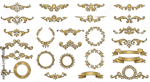 Explore a curated set of vintage floral ornament vector elements featuring gold swirl decorations and victorian calligraphic illustrations for elegant frame and border design patterns
