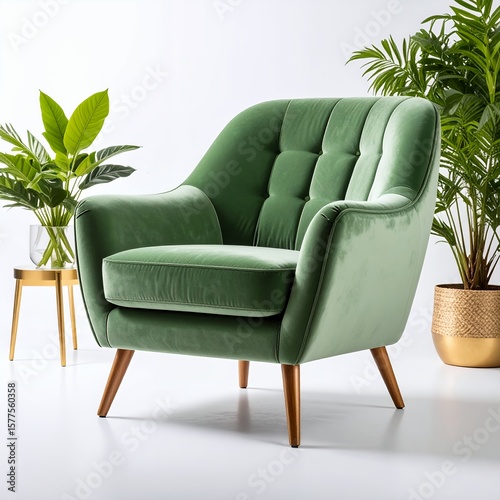 Elegantly designed green velvet armchair showcasing stylish comfort and refinement on white background