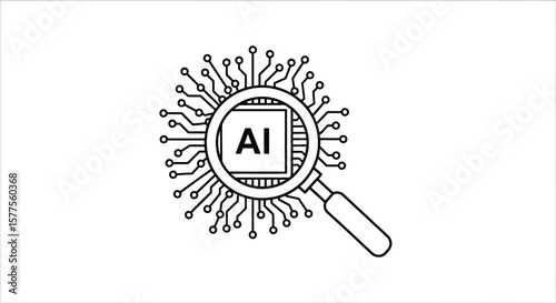 Artificial Intelligence Conceptual Illustration with Circuitry and Magnifying Glass 
