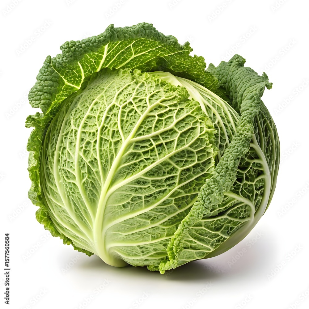 Fototapeta premium Cabbage – Crisp Green Head with Layered Leaves and Natural Texture on White Background for Fresh Food and Nutrition Concepts