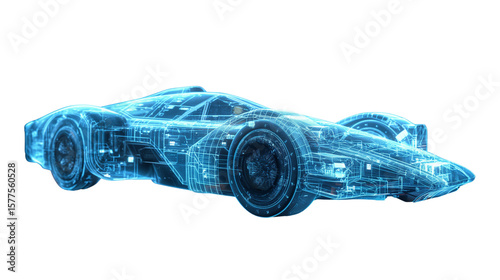 Futuristic wireframe sports car rendered in glowing blue digital lines. Transparent PNG. concept design and high-tech presentations