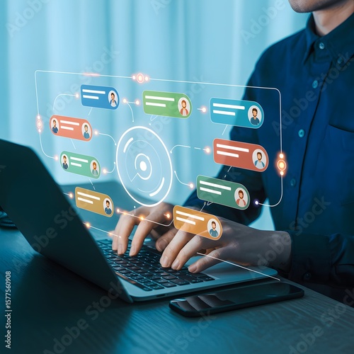 Man engages with a virtual network on laptop, showcasing teamwork and connection with communication technology.