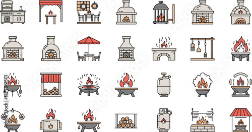 Backyard firepit outdoor features line icon set. Vector pictograms of kitchen, patio, fireplace, chiminea, pizza oven, firewood, propane tank, thin linear