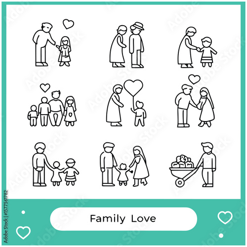 Thirty simple line icons depicting various family themes.