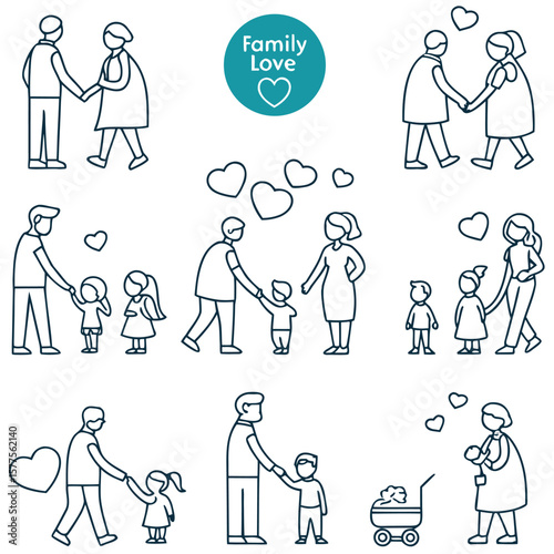 Thirty simple line icons depicting various family themes.
