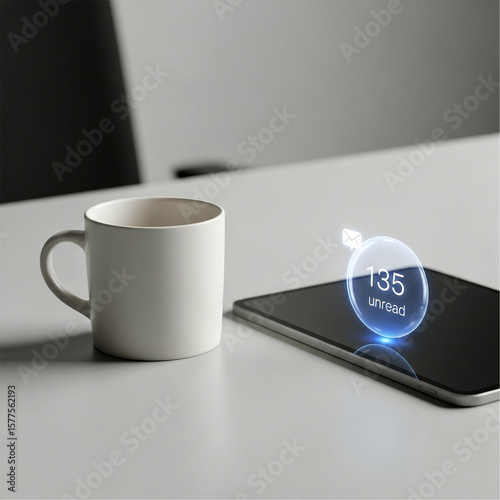 White mug and tablet with unread notification on table top