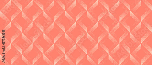 Vector abstract wide panoramic background with shifted squares in coral colour tones. Halftone patterned gradient and grainy texture create bold dynamic visuals with diagonal grid structure and rhythm