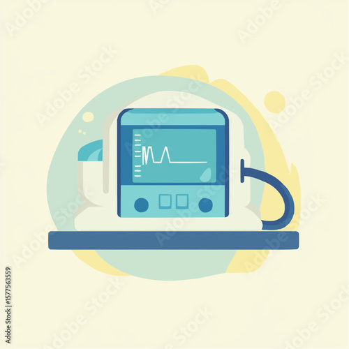 Flat simple illustration of blood pressure monitor with screen and cuff, ideal for health tech apps, wellness dashboards or digital interfaces