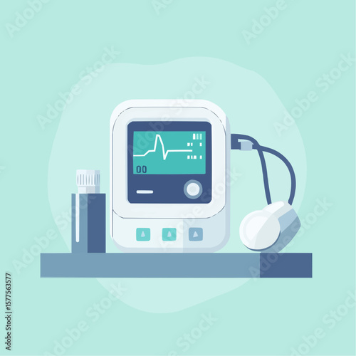 Flat minimal illustration of digital blood pressure monitor with cuff and screen, ideal for healthcare packaging or medical product labels