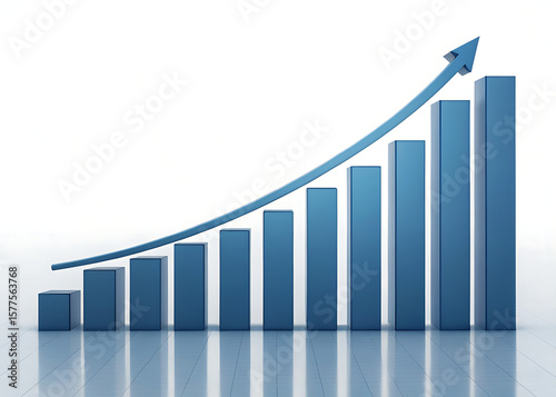A blue bar graph showing upward growth with an arrow indicating positive trend on white background
