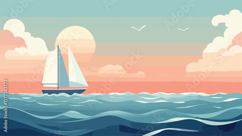 Lonely Boat Sailing Across Endless Ocean Horizon with Clear Blue Sky