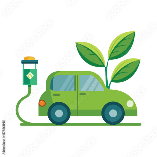 Eco-Friendly Electric Vehicle at Charging Station with Green Leaves