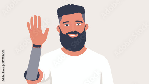 Bearded Man with Prosthetic Arm Waving, Wearing Cap