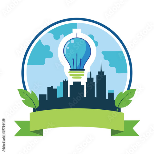 City with Lightbulb, Green Ribbon, and Blue Sky