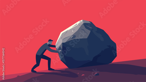 Businessman Pushing a Large Boulder Uphill in Determined Effort