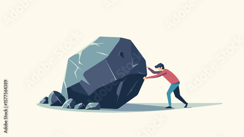 Businessman Pushing Large Boulder Uphill: Determination and Persistence Concept