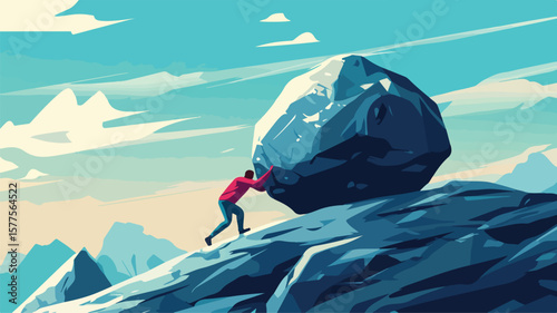 Businessman Pushing Boulder Uphill for Success in Challenging Business Concept