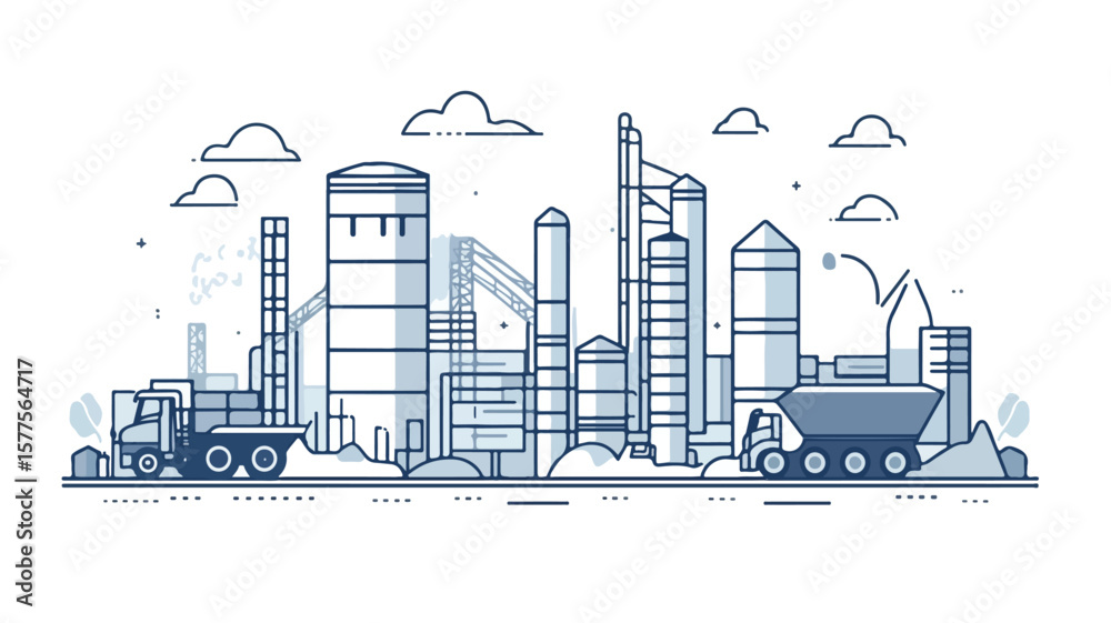 Naklejka premium Modern Cement Factory Industrial Plant Illustration with Worker