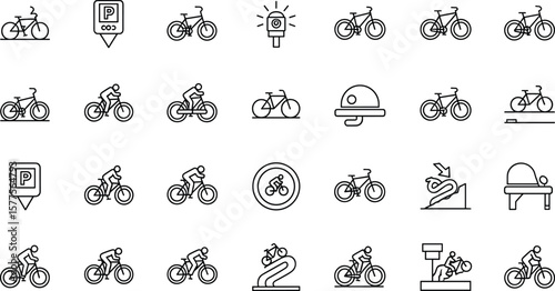 Bicycle line icon set. Vector pictograms of mountain bike parking, tracker, light, bell, group ride, downhill, thin linear 