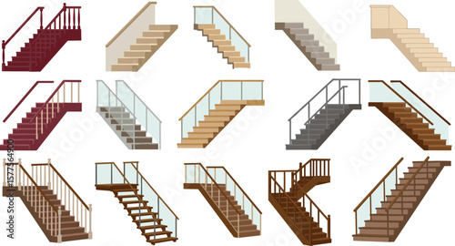 Different types of stair designs with railings, vector set, architectural staircase elements, modern and classic styles, interior construction detail