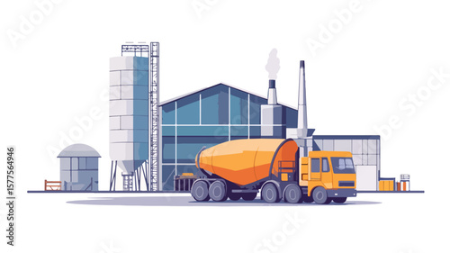 Modern Cement Factory Vector Illustration with Concret Walls and Infrastructure
