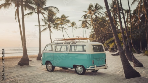 Fototapeta Naklejka Na Ścianę i Meble -  Vintage van at a serene beach surrounded by lush palm trees at sunrise