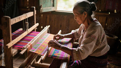 An elderly artisan weaving colorful fabric by hand on a wooden loom inside a rural Southeast Asian cottage studio, sunlight filtering through the window. photo