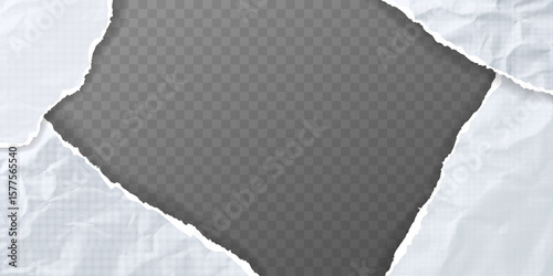 Vector frame with realistic paper pieces with torn edges and shadows on transparent background. Vintage halftone monochrome texture, wrinkled surface with soft shadows, template for banner, poster.