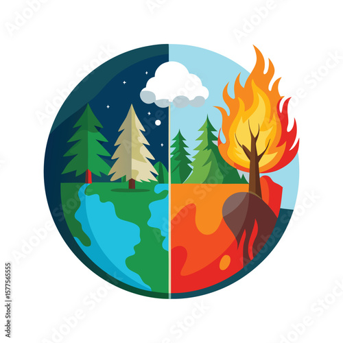 Climate Change Day and Night, Earth on Fire