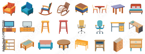 Vector set of furniture icons - chairs, tables, beds, desks, and storage units. Interior design projects, home decor catalogs, infographics, and architectural presentations.