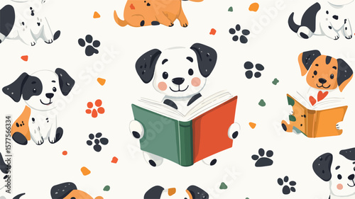 Adorable Cartoon Dogs Reading Books Seamless Pattern