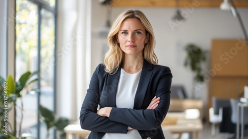 Free Download Businesswoman standing confidently with arms crossed in a modern office setting - GFXLoad