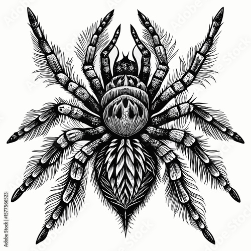 Detailed black and white illustration of a large hairy tarantula spider from a top view