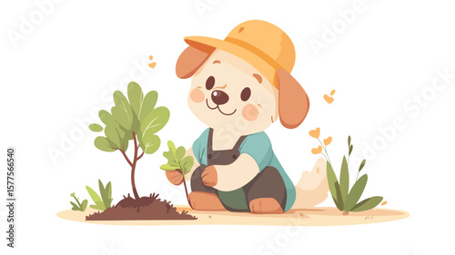 Adorable Dog Gardener Planting Tree Seedling in Garden