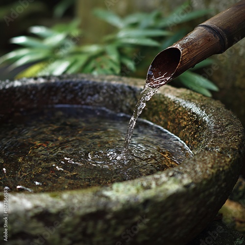 Fotografie Serene bamboo fountain: capturing tranquil water flow in a traditional japanese